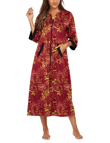 Image of Ekouaer Women Zipper Robe 3 /4 Sleeves Loungewear Dress Full Length Sleepwear Pockets Housecoat Nightgown Long Bathrobe
