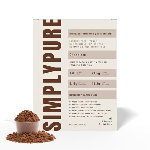 Image of SimplyPure Fermented Yeast Protein Powder - Chocolate | 288g (8 Sachets) | 24.5g Complete Protein | Muscle Recovery & Lean Muscle Support | Gym & Fitness Supplement for Men & Women | Vegan Protein Powder | PDCAAS 1.0 | With Probiotics & Digestive Enzymes