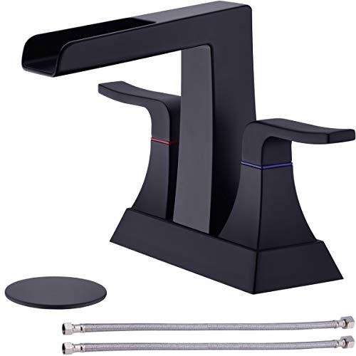 New Deal Matte Black Waterfall Bathroom Sink Faucet with Overflow Pop Up Drain Assembly, 2 Handle 4 Inch Centerset Vanity Tap, cUPC Water Supply Lines Included
