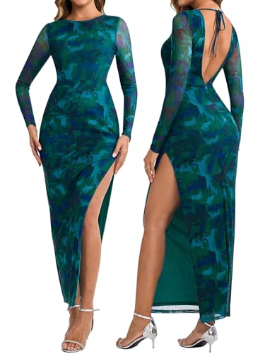 Amazon.com: Floral Long Sleeve Mesh Dress Bodycon Maxi Sexy