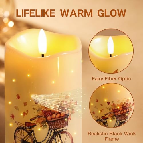 Image of Eywamage Fall Fiber Optic Flameless Pillar Candles with Remote Timer, Flickering Pumpkin Maple Leaves LED Battery Candles Autumn Harvest Home Table Decor Set of 3