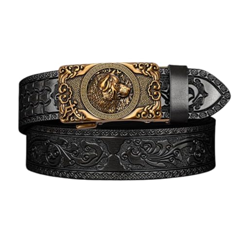 Men Women Slide Ratchet Belt Embossed Black Strap Automatic Ratchet Buckle Engraved Animals of the Chinese Zodiac