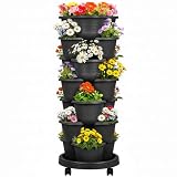 VECELO 7 Tier Vertical Garden Planter, Self Watering Stackable Planters with Wheels for Strawberries, Herbs, Flowers, Vegetables, Black