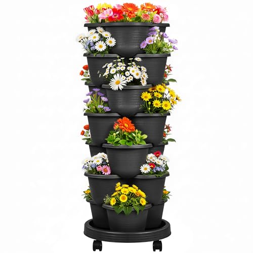 VECELO 7 Tier Vertical Garden Planter, Self Watering Stackable Planters with Wheels for Strawberries, Herbs, Flowers, Vegetables, Black