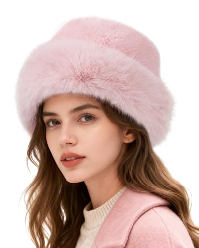Zando Fuzzy Winter Bucket Hats for Woman - Soft Warm Furry Faux Fur Hat, Fashion Adjustable Pink Bucket Hats, Cute Fluffy Fisherman Cap for Outdoor Travel Holiday Christmas Party Rave Wear One Size