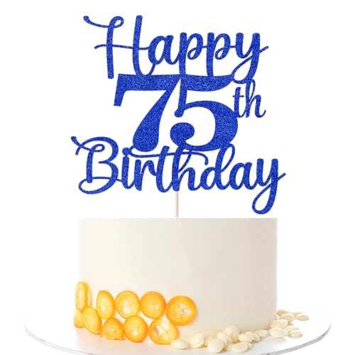 Kaoenla Glitter Happy 75th Birthday Cake Topper,Hello 75，Cheers to 75 Years,75th Anniversary /75 years old birthday Party Decor (75th, blue)