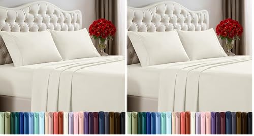 DXPSXJL Queen Size Sheet Set – 4 Piece Bed Sheets, Soft and Breathable Microfiber, Includes 1 Fitted Sheet, 1 Flat Sheet and 2 Pillowcases – Oeko-Tex - (Ivory) (Pack of 2)
