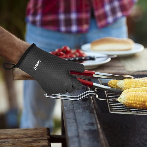 Image of Kitchen Oven Gloves - Dual-Layer Heat Resistant Grilling Gloves, Silicone Oven Mitts with 5 Fingers, Waterproof Non-Slip Pot Holder for Barbecue, Cooking, Baking (Black)