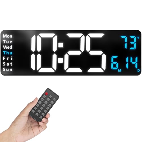 Image of Opis Clock 1 (XXL 16'' White & Blue): The Colorful Retro Rectangular Digital Wall Clock, Digital Clock Wall, Digital Clock with Temperature, Timer and Counter