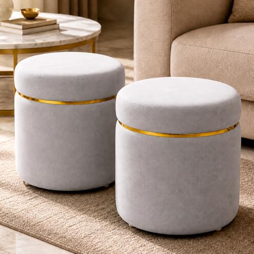 Image of Dence Store Modern Velvet Puffy Ottoman Stool for Living Room | Round Footrest Pouffe with Gold Accent Band | Soft Cushioned Seat for Dressing Table, Bedroom & Home Decor (Set of 2 Silver Grey)