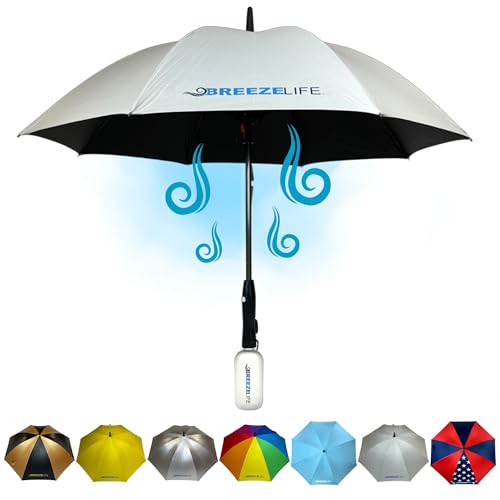 MISTERBREEZE Sun Umbrella with Fan and Mister. A portable misting fan that blocks 99.9% of all UVA and UVB rays. Cooling for festival, beach and summer activities.