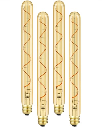 Leools Vintage LED Spiral Filament Bulb T10, 11.8inch Long Tubular Dimmable Edison Light Bulbs,E26 Base,Amber Glass,Warm White,2200K, (60W Equivalent), Pack of 4