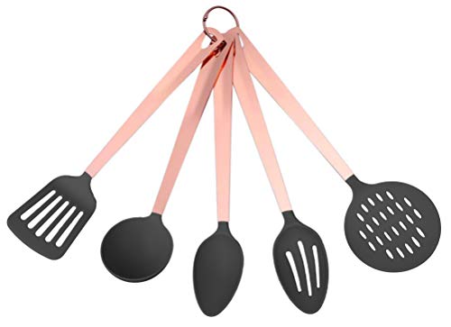 COOK with COLOR 5 Piece Nylon Cooking Utensil Set on a Ring with Rose Gold Copper Handles (Grey)