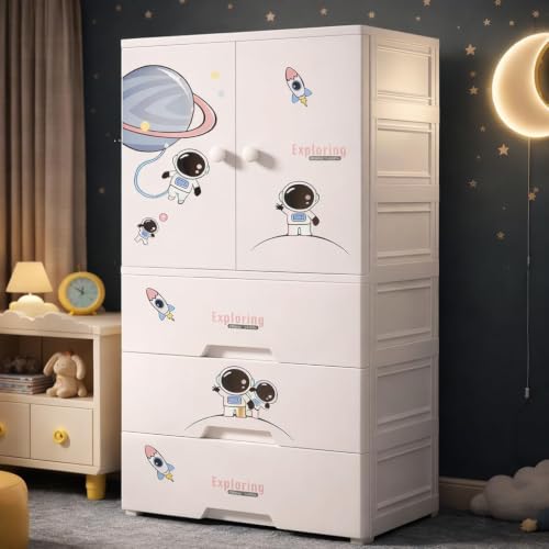 Image of Kids Plastic Collapsible Wardrobe Organizer for Storage with Drawers | Cute Cartoon Design | Heavy Duty Runner Rug Floor Mat Carpets Organizer Bedroom, Living Room (Starry-Sky, 1+3-Door)