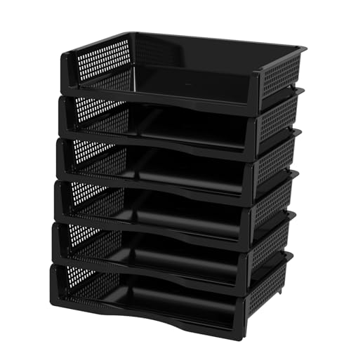 Ikando Black A4 Size Document Trays, 6 Tier Letter Tray Organizer, Plastic Stackable Paper File Mail Baskets