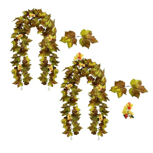 2PCS 5.7FT Faux Autumn Halloween Garland with Green Maple Leaf and Berries (Gold) - image 1