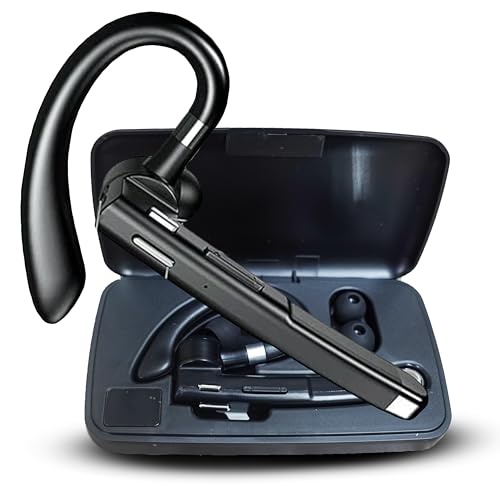 Wireless Bluetooth Headset with Mic, Noise-Cancelling Earpiece with 500mAh Charging Case – Up to 72H Talk Time – Clear HD Sound for Truck Drivers, Office, Call Centre, All Smart Phones.