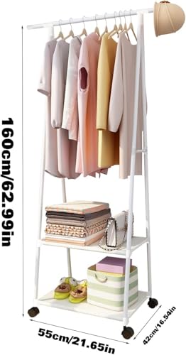 Image of Lukzer A-Shape Metal Garment Rack with 2 Bottom Shelves, Portable Closet Organizer for Bedroom, Clothes Hanging Stand for Living Room, White - 160x55x42cm, MGR-010