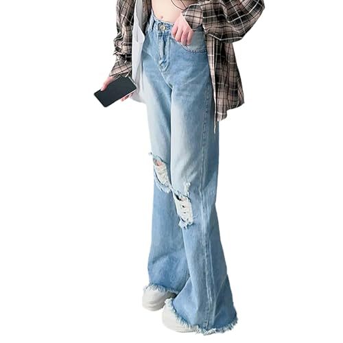 Girls' Ripped Baggy Jeans, High Waisted Flared & Wide Leg Denim Pants - Fashion Distressed Denim Trousers2