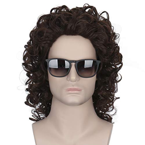 80s Roker Halloween Costume Wig - Adult Punk Heavy Metal Curly Mullet Brown Wig for Men