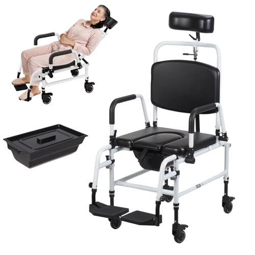 loyliawa Shower Chair Commode Wheelchair, Reclining Bedside Commode Chair, Angle Adjustable Shower Commode, Shampoo Chair with Headrest and Bucket for Elderly, Disabled, Adults 330 LBS Capacity Black