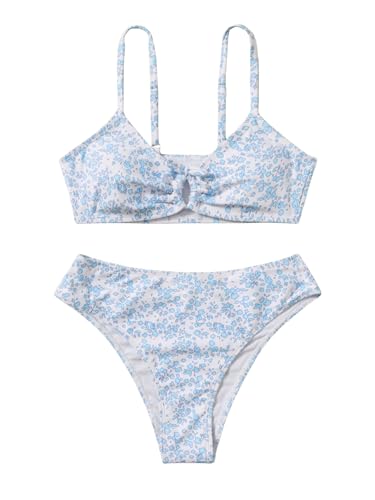 COZYEASE Girls' 2 Piece Ditsy Floral Print Knot Front Ruched Triangle Bikini Swimsuit Blue and White 13 Years