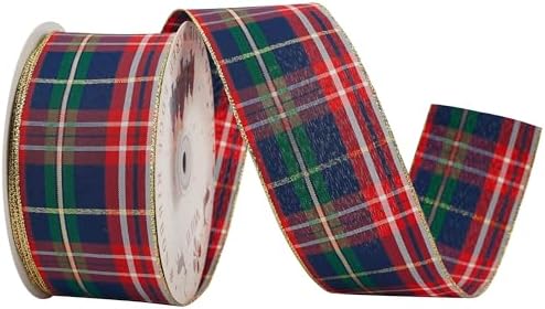 MEEDEE Tartan Plaid Wired Ribbon 2-1/2" Wide with 25 Yards Red Cr...
