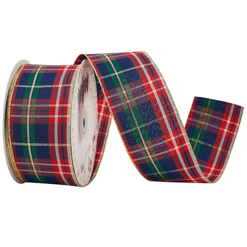 MEEDEE Tartan Plaid Wired Ribbon 2-1/2" Wide with 25 Yards Red Crimson & Navy Blue Scottish Plaid with Metallic Threads Ribbon for Christmas Tree, Wreaths, Bows, Gift Wrap, Weddings, Holiday Crafts