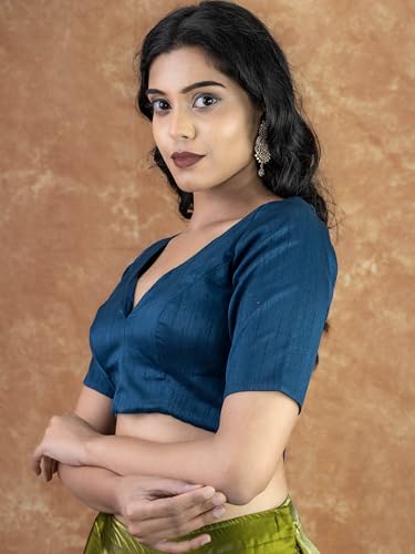 Image of FIGURE'S DESIGNER Women's Dupion Raw Silk Half Elbow Sleeves Sweetheart V Neck Sabyasachi Cut Readymade Saree Blouse S10