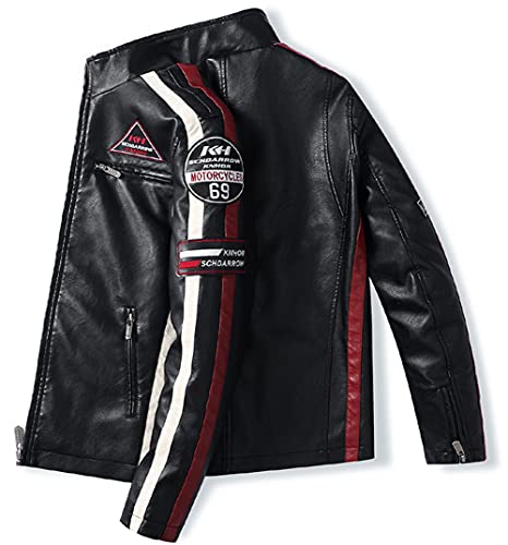 Men's Stand Collar Thermal Fleece Lined Patchwork Motorcycle Jacket Bomber Jacket Racer Faux Leather Jacket3