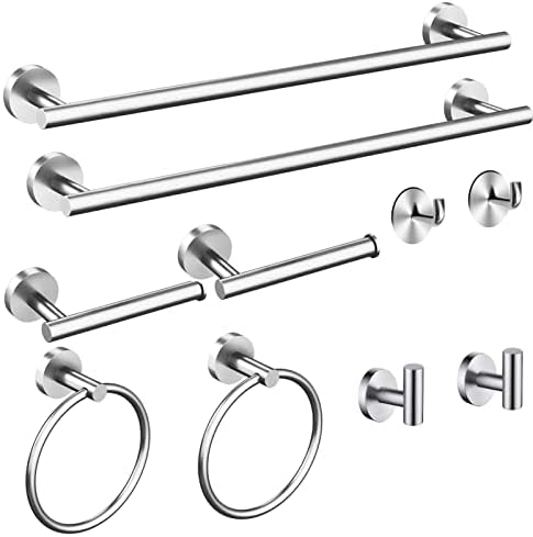Toptowel 10 Pieces Bath Towel Bar, Includes 2 Packs 23.6 inch Bathroom Towel bar, 4 Packs Towel Hook, 2 Packs Towel Ring, 2 Packs Toilet Paper Holder-Brushed Silver