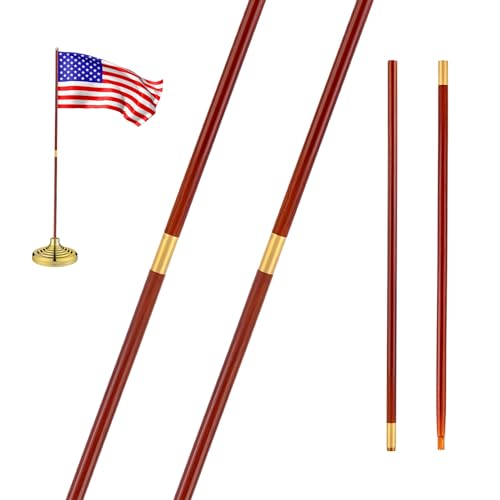 Landical 2 Pcs Indoor or Parade Flagpole Solid Wooden Flag Pole Brass Screw Joint Indoor Flag Pole, Brown and Gold (8 ft)