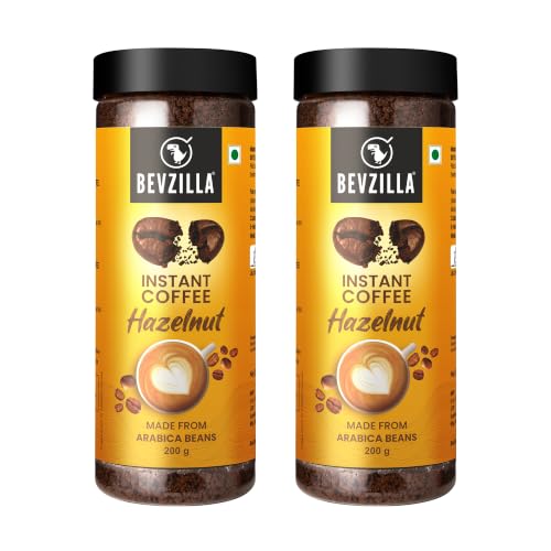 Image of Bevzilla Hazelnut Flavoured Instant Coffee Powder Jar - 400GM (200gx2) |Make 100 Cups|Arabica Beans|Best for Espresso, Latte & Cappucino|Hot & Cold Brew Ready