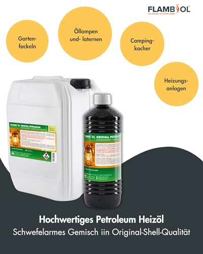 Höfer Chemie FLAMBIOL Gereinigtes Petroleum 1 L Heizöl - Entaromatisierte Qualität - Für Campingheizung, Petroleumlampe & Grillanzünder - Rußfreie Verbrennung