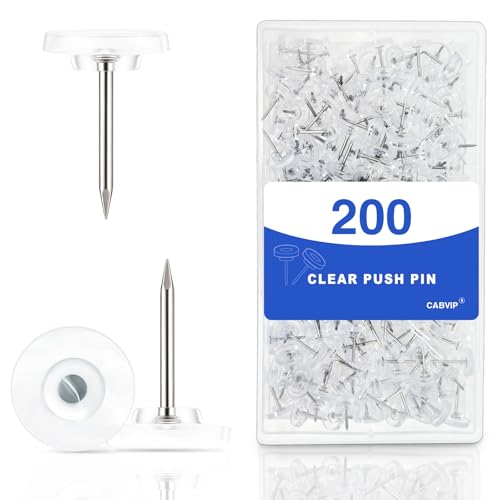 CABVIP 200 Pack Clear Tacks Heavy Duty Decorative Push Pins for Cork & Bulletin Boards Transparent Thumbtacks in Reusable Storage Box