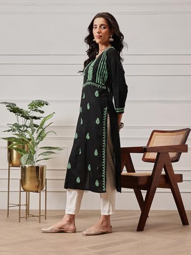 Image of Ada Women's Cotton Straight Fit Tunic Hand Embroidered Straight Lucknow Chikankari Kurta Kurti A411435