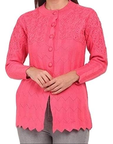Women's Woolen V-Neck Cardigan - Printed Heavy Front Kadai Daffodil Fabric Winter Wear Pure Wool Cardigan for Women - Free Size Long Cotty Fully Warm (Magenta, XXL)-image-49