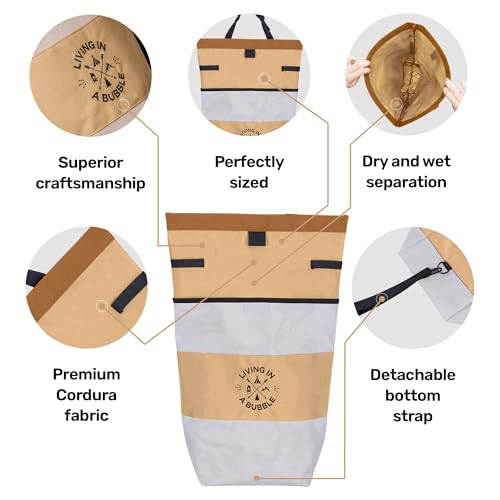 Image of Living in a Bubble Wet Dry Laundry Bag - Portable Waterproof Laundry Hamper for RV, Campervan & Travel - Foldable Clothes Organizer with Separate Wet & Dry Compartments