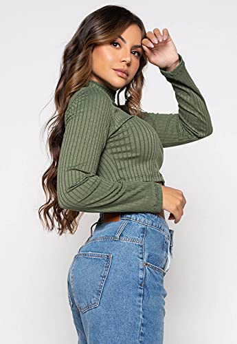 Blusa Cropped Feminina Canelada - Top Manga Longa e Gola Alta - Blusinha Feminina Básica, Blusa Gola