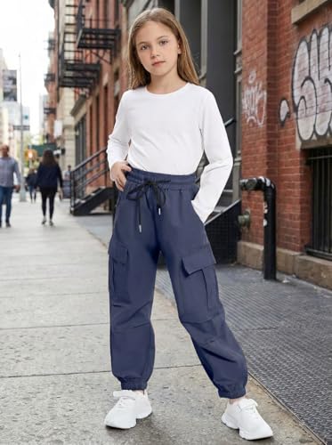 Image of JiAmy Girls Cargo Pants Elastic High Waist Drawstring Pants Jogger Trousers Casual Loose with Pockets 6-14Y