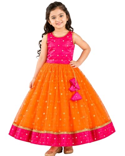 Image of Girls Designer Lehenga Choli Set Orange Rani Pink Readymade Pattu Pavadai Style Traditional Ethnic Dress for Baby Girls Kids Festive Wedding 3Months-8 Years