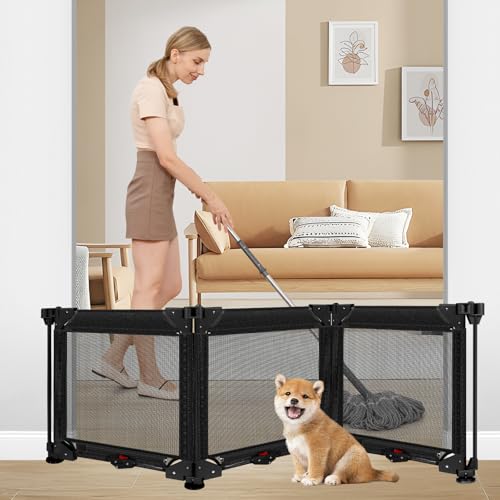 3-Panel Free Standing Dog Gate with 4 Suction Cups, 60 x24 Inch Tall Foldable Dog Gate Indoor, Step Over Pet Gate Collapsible Pet Fence Puppy Barrier Mesh Gates for Stairs or Doorways, Black