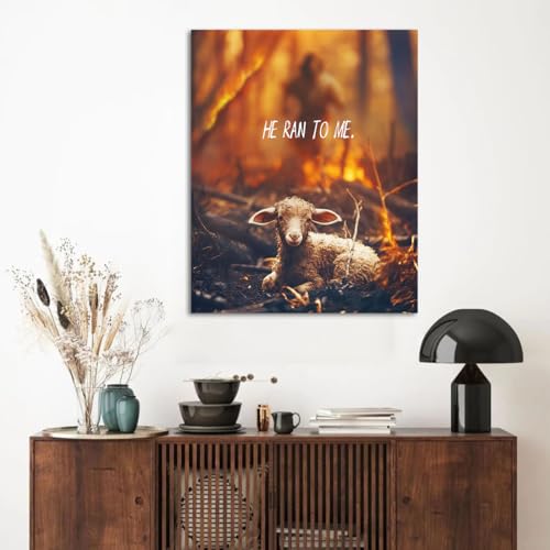Image of GUN SUPPLIES OUTLET LLC Jesus Rescues Lost Lamb From Flames Religious Wall Art Christian Prayer Canvas Print for Wall Decoration 12x16 Inch