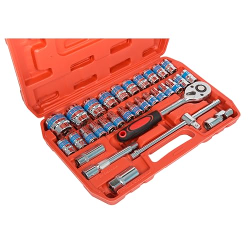 Image of Zaptec 32 Pcs 1 /2 Inch Mechanic Socket Set - Heavy Duty Ratchet Wrench Goti Pana Tool Kit with Carry Case for Car, Bike, Automotive & Home Repairs