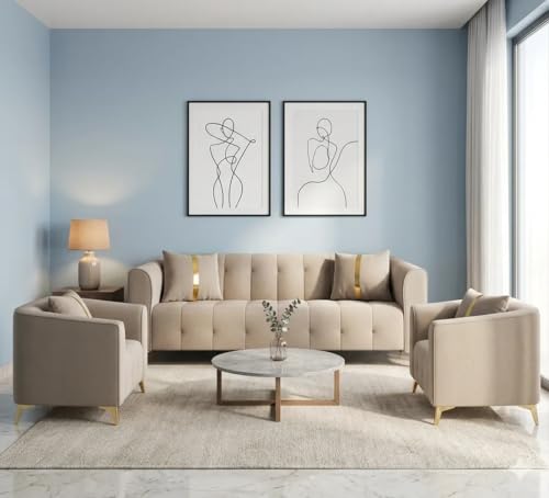 Image of Adorn India Premium Mystic - 3 Years Warranty - 3+1+1 Sofa Set Velvet Suede Fabric - Beige