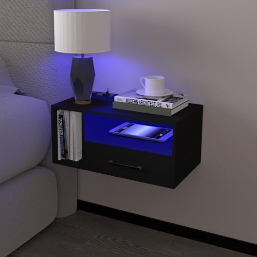 Homaterial Floating Nightstand with Charging Station and LED Lights, Floating Bedside Table with...