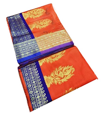 Jolly Women`s Bomkai Silk Saree With Traditional Design with Blouse Piece (Orange Blue)