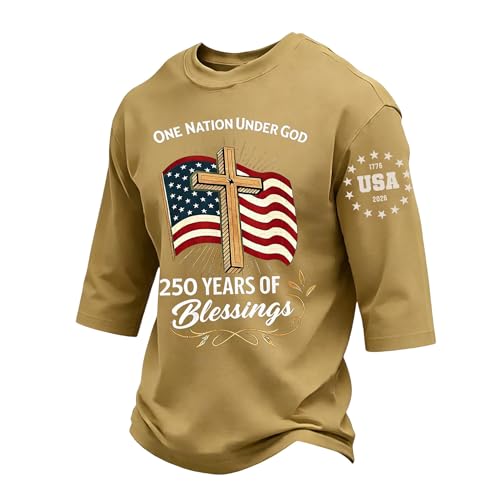 Mens American Shirt,Men's 4Th of July 250Th Anniversary 3/4 Sleeve T-Shirt 1776-2026 We The People Print Casual Tee(Beige,Large)
