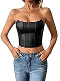 MakeMeChic Women's PU Leather Zip Back Crop Tube Top Strapless Corset Tops Black Tall M