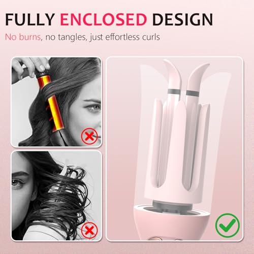 Image of Ufree Automatic Rotating Curling Iron, 1 Inch Ceramic Curling Wand, 1-Click Hair Curler with 3 Heat & Timers, Anti-Scald Design, 1M Ionic Care, Dual Voltage for Travel Beach Waves, Rose Gold